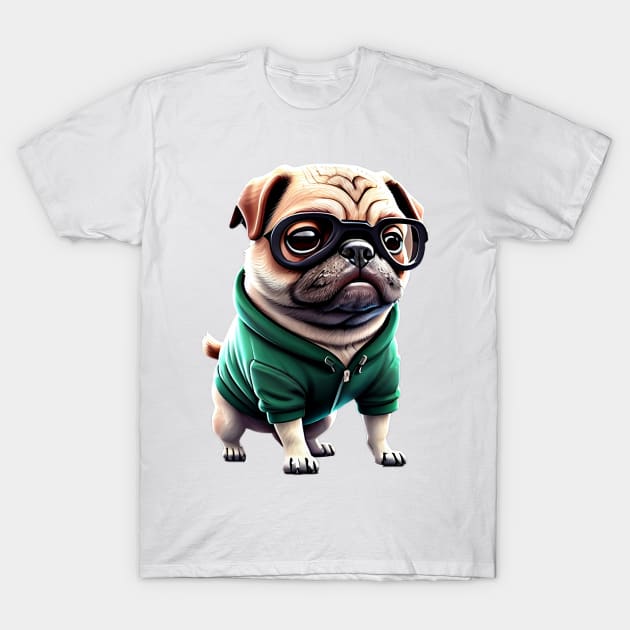 Muscular Pug Gym Trainer - Cute Pug with Green Hoodie Design T-Shirt by fur-niche